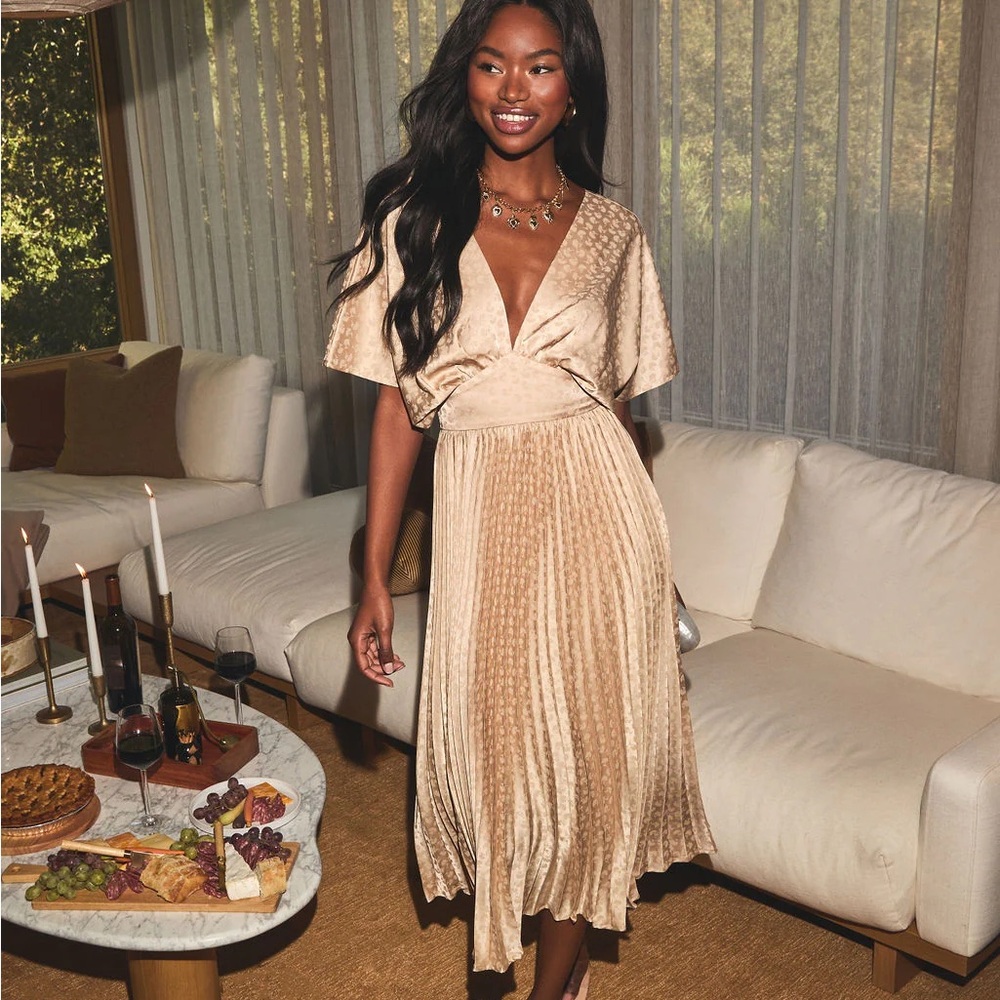 Golden Gatherings Pleated Satin Maxi Dress